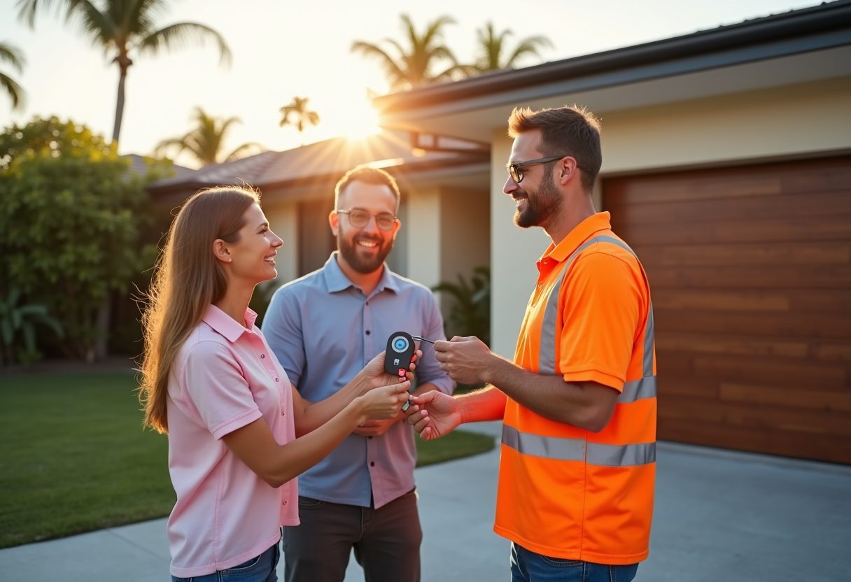 Technician handing over a garage remote at sunset — Alderley