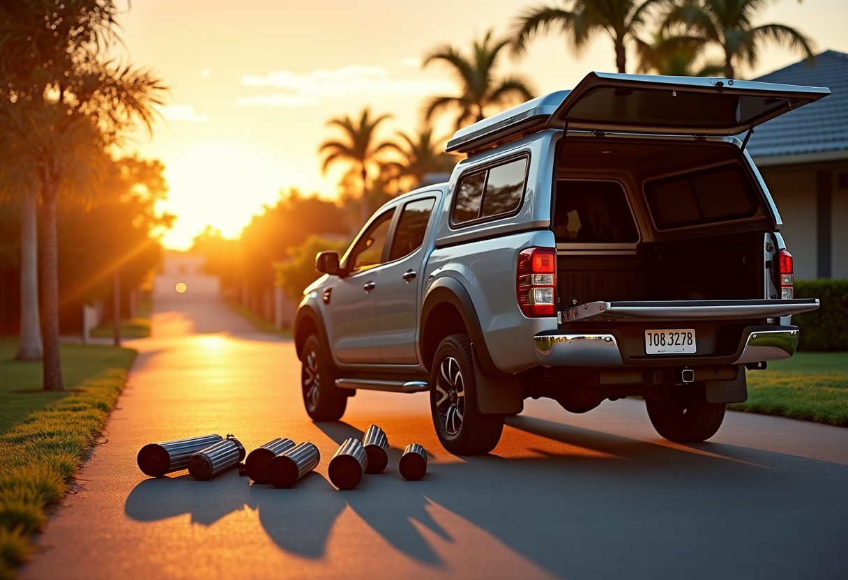 Technician ute with parts laid out at sunset — Alderley